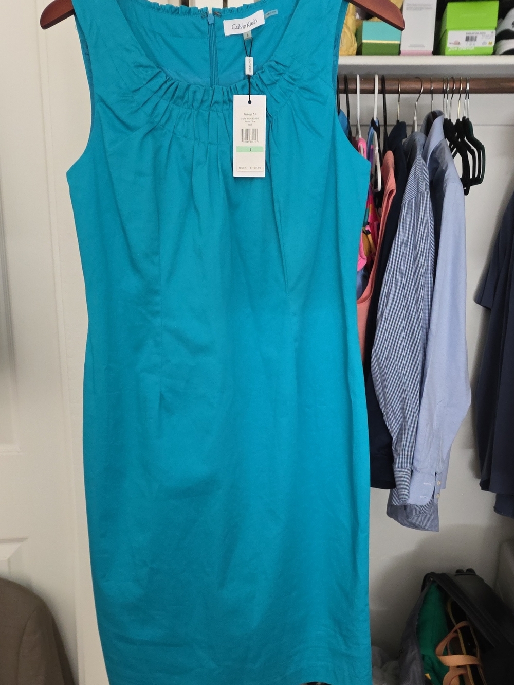 Calvin Klein Teal Sleeveless Gathered-Neck Midi Dress